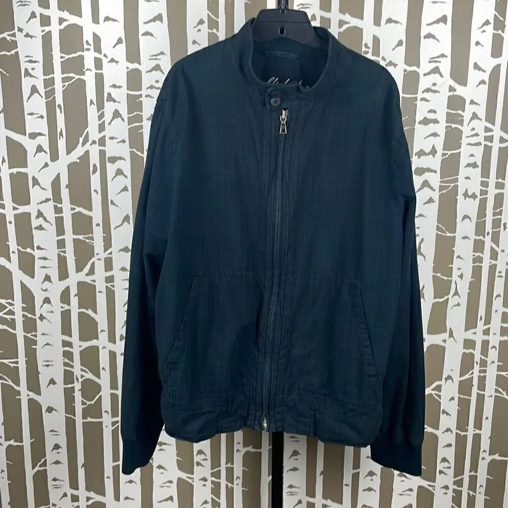 GAP Mens Y2K Barracuda Navy Blue Plaid Zip Up Bomber Jacket sz L